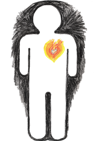 His Heart Burns AIGA-style figure with heart made of fire